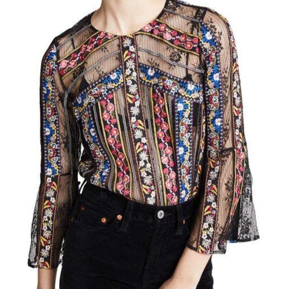 Alice and Olivia Larue Sheer Lace-Inset Top Small